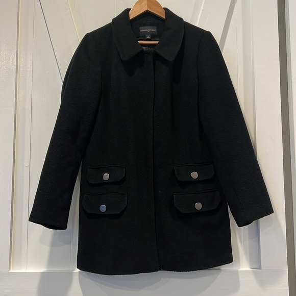 Banana Republic Black Wool Blend Herringbone Coat Size Medium - Picture 1 of 11